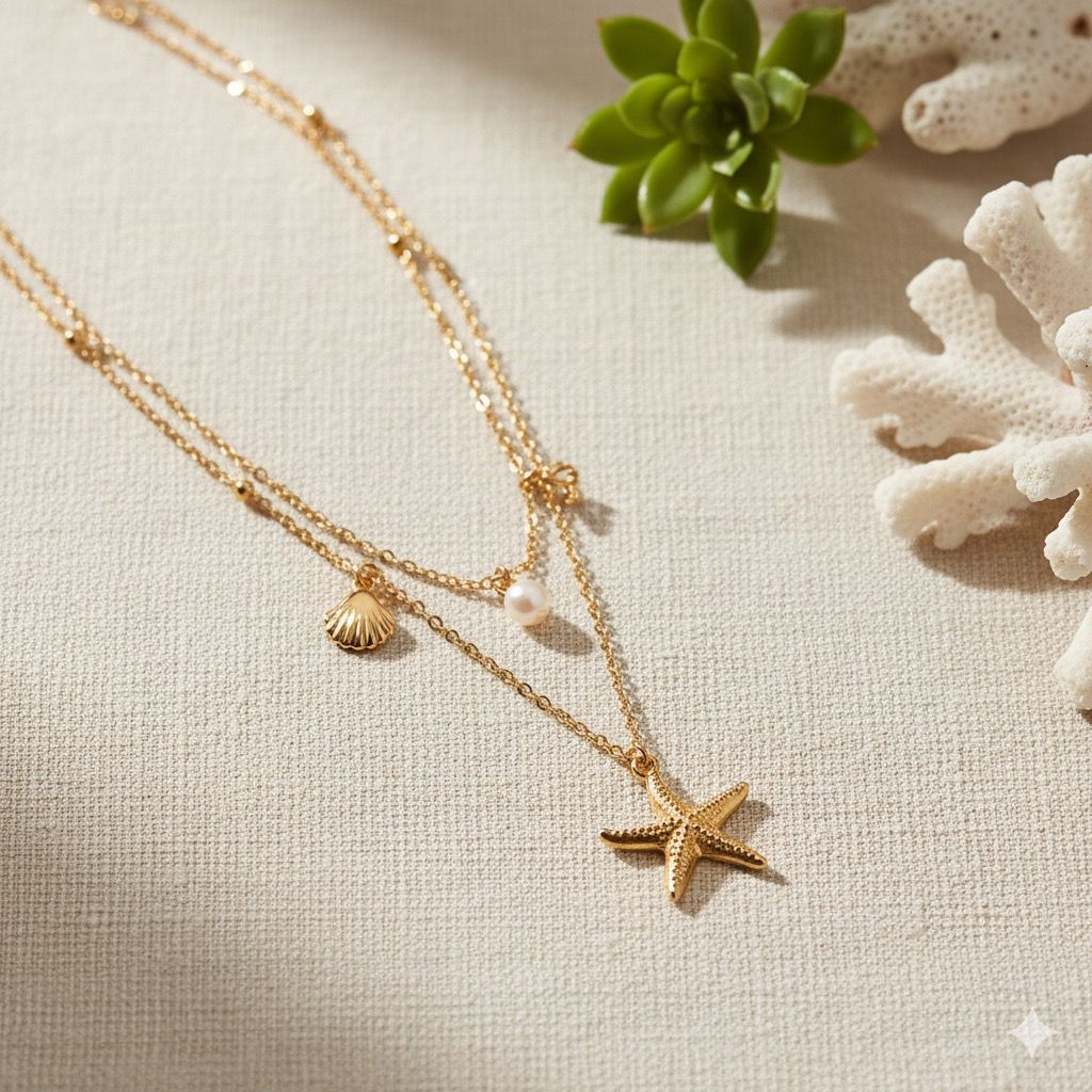 Double Layer Shell & Starfish Pendant Necklace