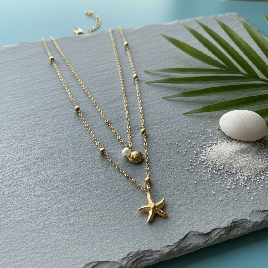 Double Layer Shell & Starfish Pendant Necklace