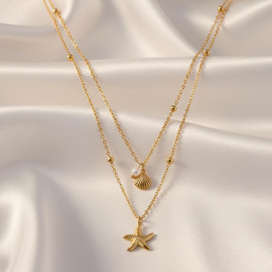 Double Layer Shell & Starfish Pendant Necklace