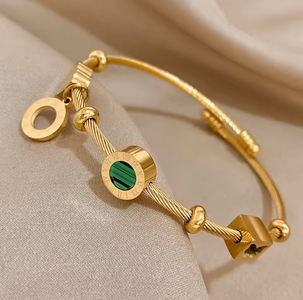 Malachite Roman Letters Charm Bangle